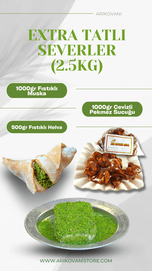 Extra Tatlı Severler paketi 2.5kg; fıstıklı muska, cevizli pekmez sucüğü ve fıstıklı helva çeşitleri.