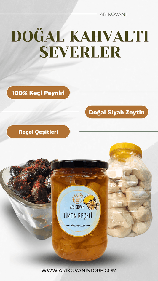 Doğal kahvaltı seti içeriği: 100% keçi peyniri, doğal siyah zeytin, çeşitli reçel seçenekleri.