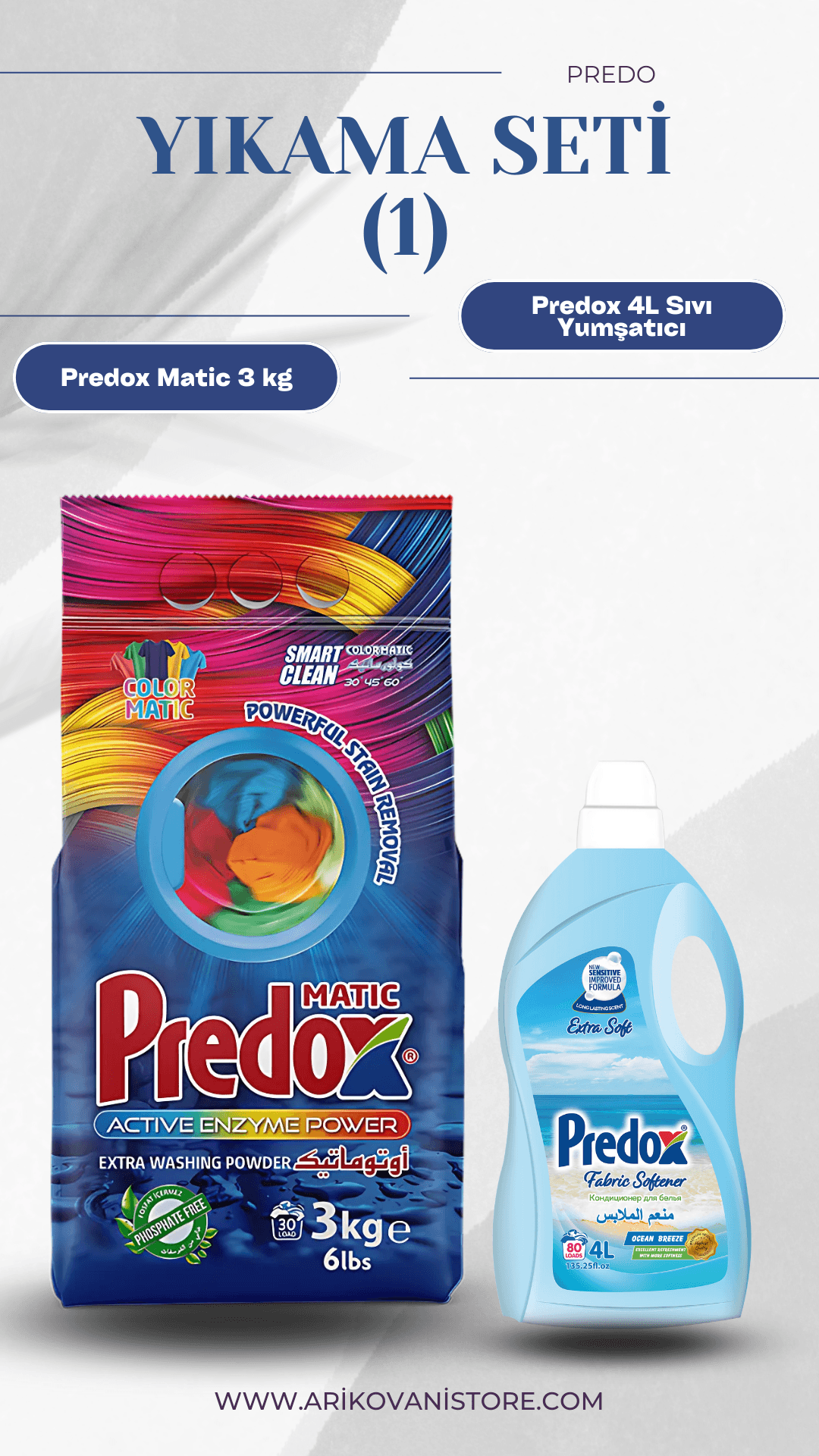 Yıkama Seti - Predox Matic 3 kg paket ve 4L sıvı yumuşatıcı görüntüsü, etkili temizlik çözümü.